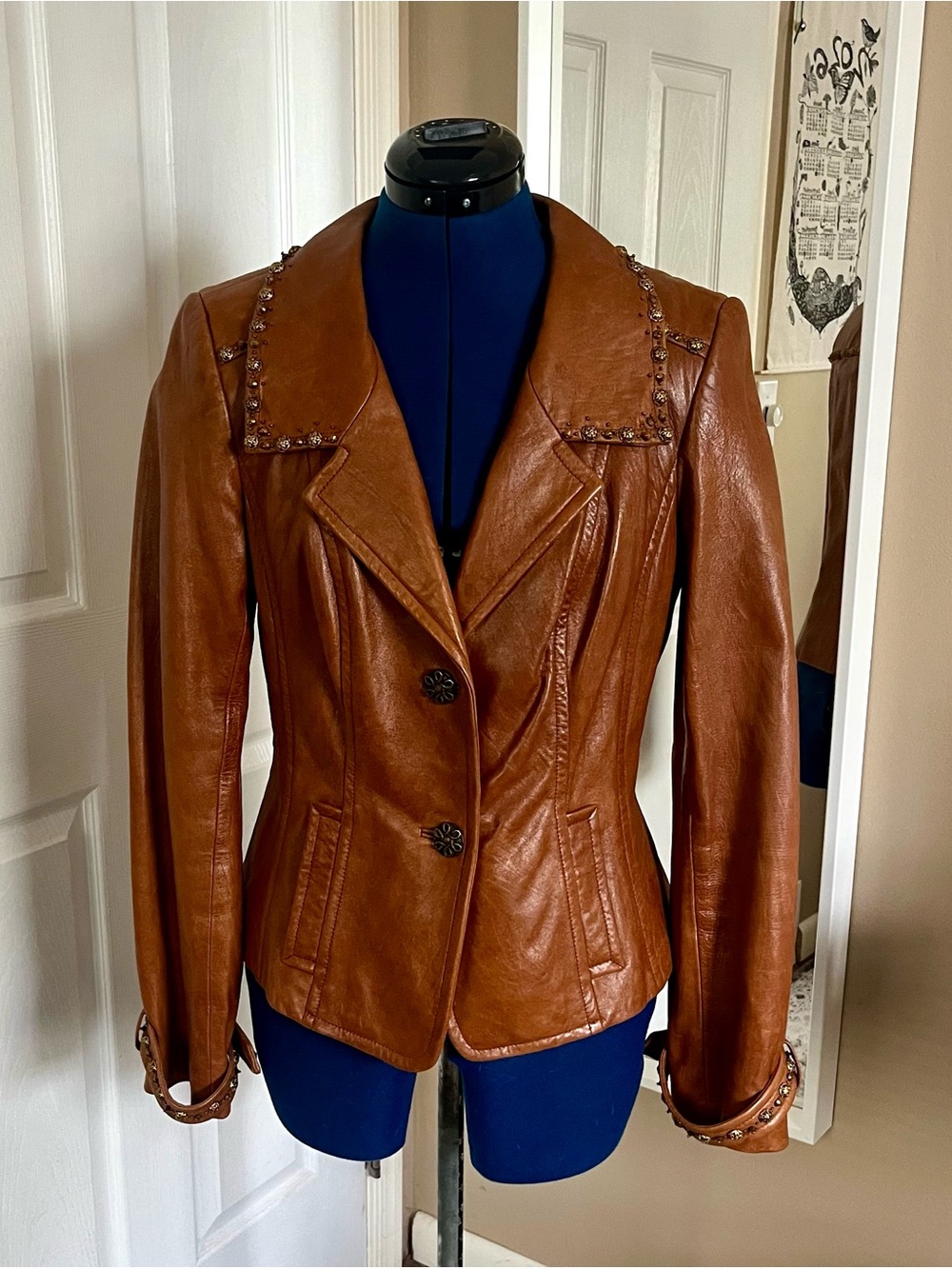 Dana Buchman brass-beaded 100% leather jacket, size 8